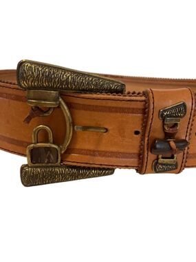 MINORONZONI Italian Vintage Leather Belt, Caramel Tan, Large Western Buckle XL
